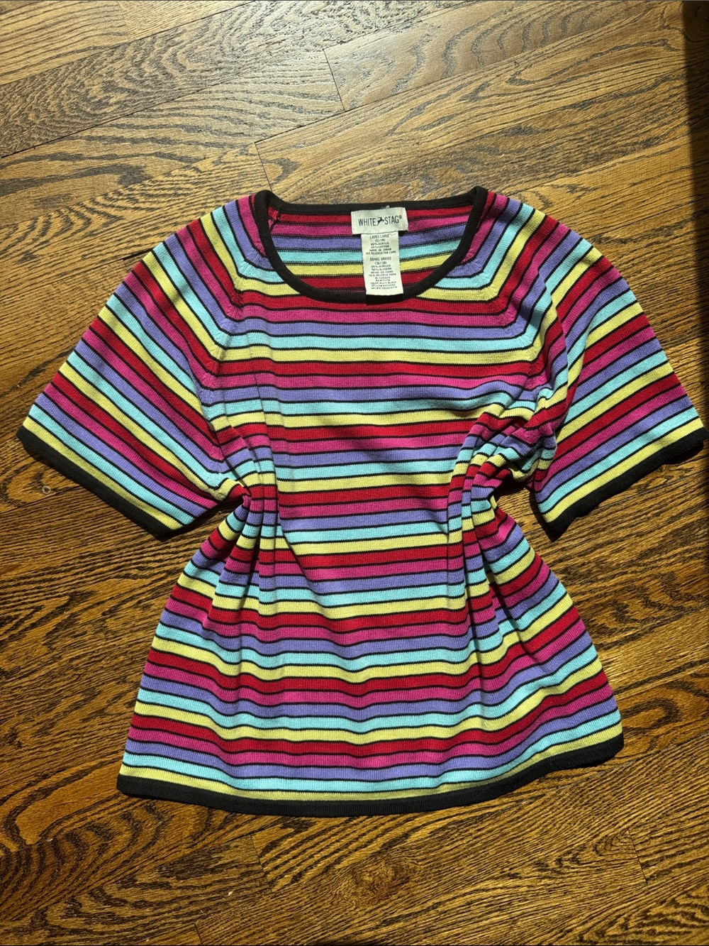 White Stag Vintage 90s Striped Short Sleeve Top Bright MultiColor Large